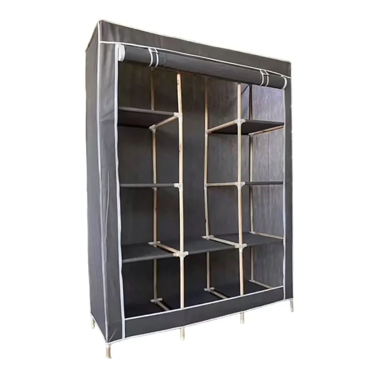 3-Column Wooden Frame Portable Wardrobe Multi-Shelf Closet Organizer with Hanging Rod & Dustproof Fabric Cover