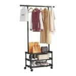 4-in-1 Floor Coat Rack with Wheels, Metal Hall Tree with 2-Tier Shoe Rack
