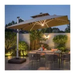 3 Metre Square Cantilever Patio Umbrella with Solar LED Lights – 360° Rotating Heavy-Duty Offset Outdoor Umbrella with Tilt & Cross Base
