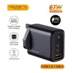 Voltme Revo 67W 3-Port GaN Fast Wall Charger (2×USB-C + USB-A) – Ultra-Compact Travel Charging Adapter