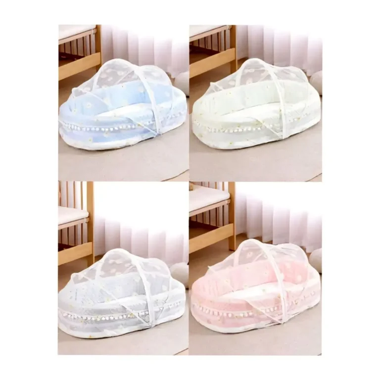 Baby Mosquito Net Bed with Portable Bassinet Base – Soft Padded Sleeping Nest with Breathable Canopy & Pom-Pom Trim