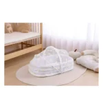 Baby Mosquito Net Bed with Portable Bassinet Base – Soft Padded Sleeping Nest with Breathable Canopy & Pom-Pom Trim