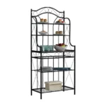 5-Tier Black Metal Bakers Rack Kitchen Storage Shelf – Wooden & Faux Stone Laminate Shelves – Floor Standing Organizer