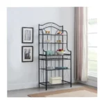 5-Tier Black Metal Bakers Rack Kitchen Storage Shelf – Wooden & Faux Stone Laminate Shelves – Floor Standing Organizer