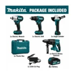 Makita 4-in-1 Cordless Power Tool Combo Kit – Drill Driver, Impact Driver, Angle Grinder & Rotary Hammer with 4 Batteries