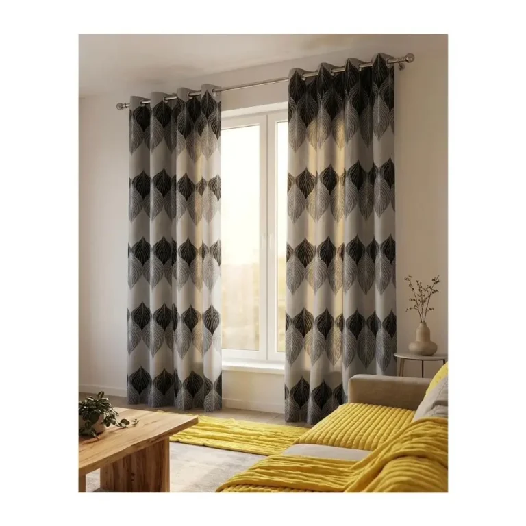 3-Piece Eyelet Leaf Print Curtain Set – 2 Drapes (1.5m Each) + 3m Sheer Net – Charcoal/Grey Living Room Curtains