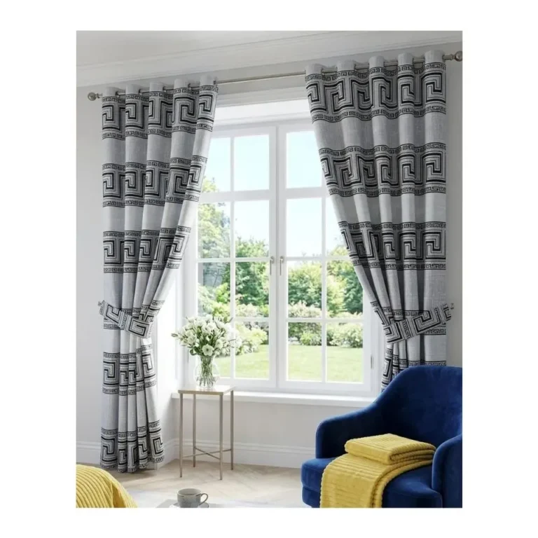 Luxury Greek Key Eyelet Curtain Set – 3-Piece (2 Drapes 1.5m Each + 3m Sheer Net) with Matching Tiebacks