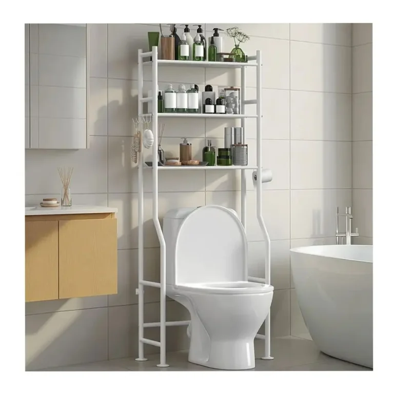 3-Tier Over-The-Toilet Storage Rack with Paper Holder Freestanding Metal Bathroom Organizer with Hooks Toilet Rack
