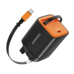 Porodo Tezpatro 65W GaN Fast Charger with Retractable USB-C Cable – Black/Orange