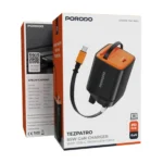 Porodo Tezpatro 65W GaN Fast Charger with Retractable USB-C Cable – Black/Orange