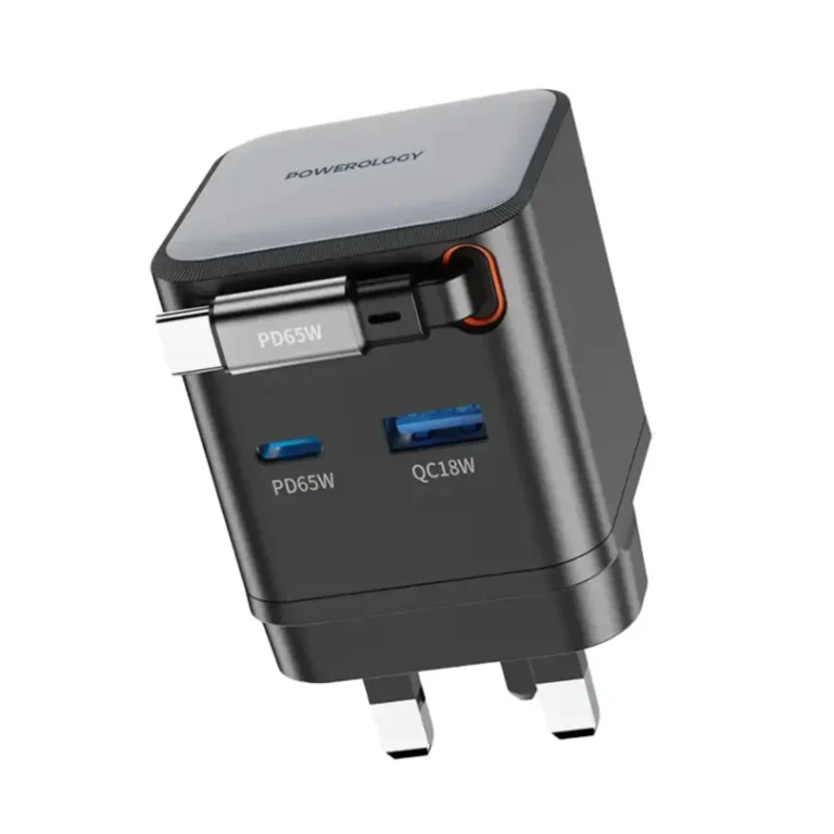 Powerology Halo Dual-Port GaN Charger 70W with Retractable USB-C Cable & Smart Display – Gray