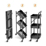 Serving Trolley Folding Storage Cart – 3 Tier Mobile Kitchen & Bathroom Organizer