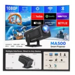 MA500 Smart Portable Projector – Android 12, Native 1080P HD, 2GB RAM + 16GB ROM, Wi-Fi 6, Bluetooth 5.2, 4K