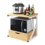 2-Tier Microwave Oven Stand with Storage Drawer – Wooden Kitchen Organizer Rack with Metal Frame
