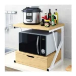 2-Tier Microwave Oven Stand with Storage Drawer – Wooden Kitchen Organizer Rack with Metal Frame