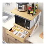 2-Tier Microwave Oven Stand with Storage Drawer – Wooden Kitchen Organizer Rack with Metal Frame