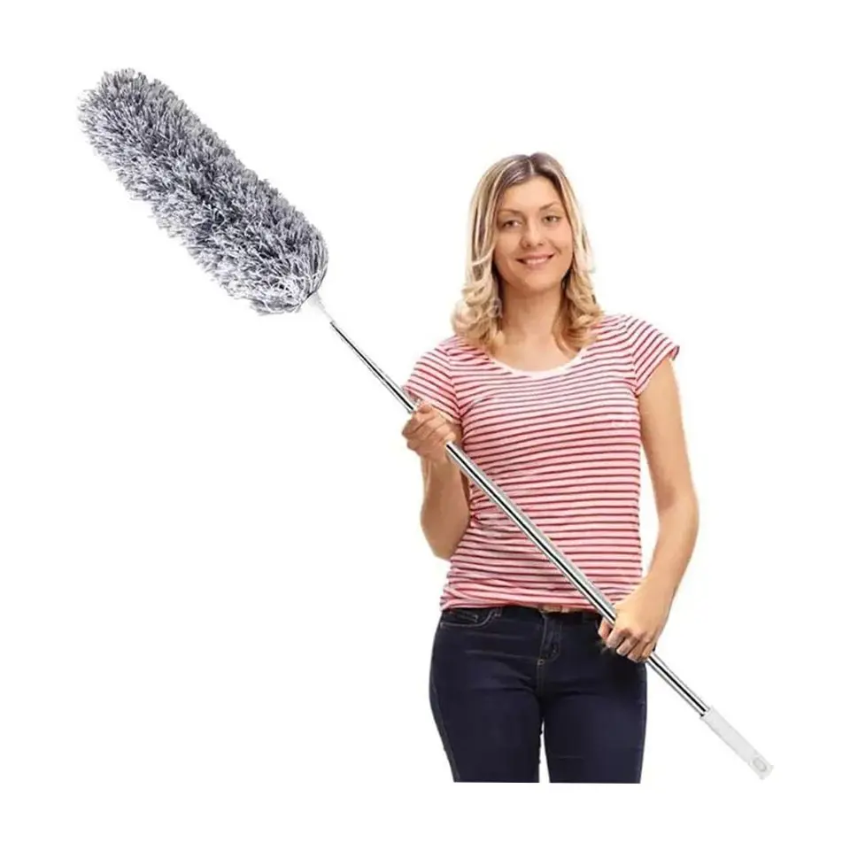 Microfiber Feather Duster Extendable – 100-Inch Telescopic Stainless Steel Pole, 15-Inch Bendable 90° Head, Washable Dusting Tool – Gray