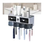 Wall Mounted Toothbrush Holder Rack with Cups Storage Drawer – Bathroom Organizer Shelf with Strong Suction Mount, Plastic Toothbrush Stand