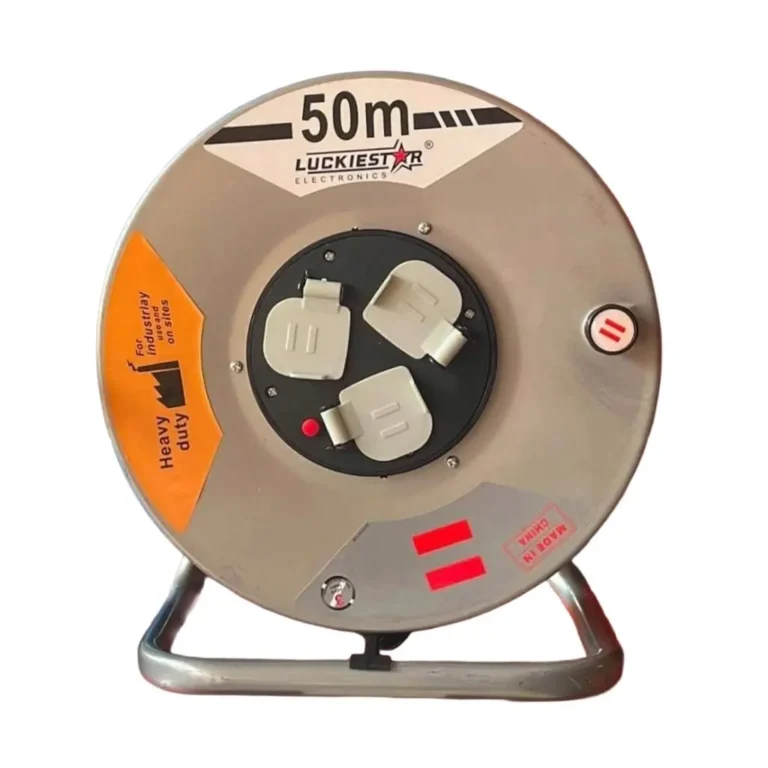 Luckiestar 50M Heavy-Duty Industrial Extension Cable Reel – 3-Way Grounded Sockets