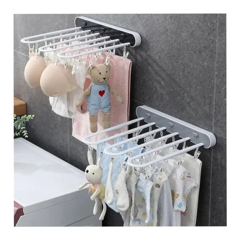 Wall-Mounted Foldable Sock Drying Rack with 24 Clips – Space-Saving Plastic Laundry Hanger