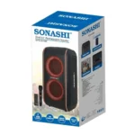 Sonashi SPS-8019R Dual 6.5 inch Rechargeable Bluetooth Speaker, 30W, TWS, Karaoke, FM Radio, Wireless Microphone & Disco Lights