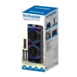 Sonashi SPS-8020R Dual 6.5-Inch Rechargeable Bluetooth Speaker, 40W, TWS, 2 UHF Wireless Microphones, Karaoke, FM Radio, Disco Lights