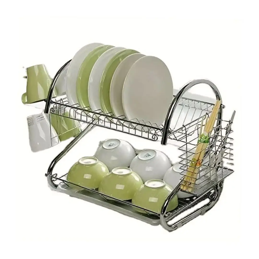 2 Layers dish racker1 2-Tier Stainless Steel Dish Rack – Plate, Cup & Cutlery Storage Organizer