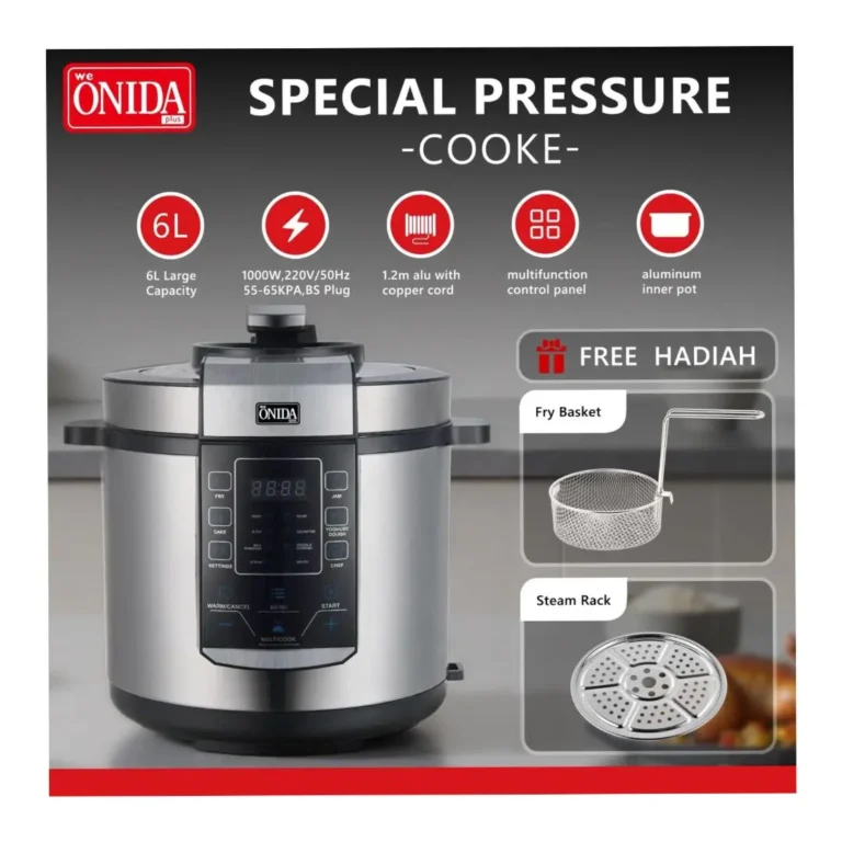 ONIDA Plus 6L Electric Pressure Cooker – 1000W Multifunctional Multi Cooker with Fry Basket & Steam Rack